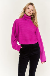 Women's Mock Neck Ribbed Sweater with Wide Sleeves