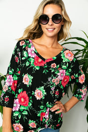 Women's Floral Twisted Front Bottom V Neck Plus Top