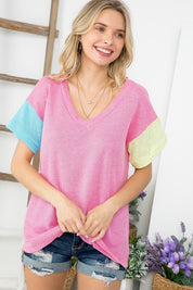 Women's Boxy Fit V Neck Colorblock Top