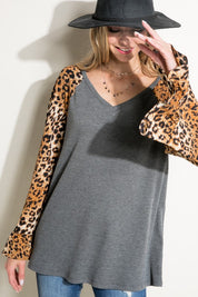 Plus Size Casual V-Neck Cheetah Mixed Blouse Top