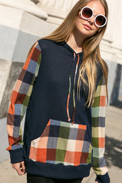 Women's Casual Loose Fit Plaid Mixed Hoodie Sweatshirt