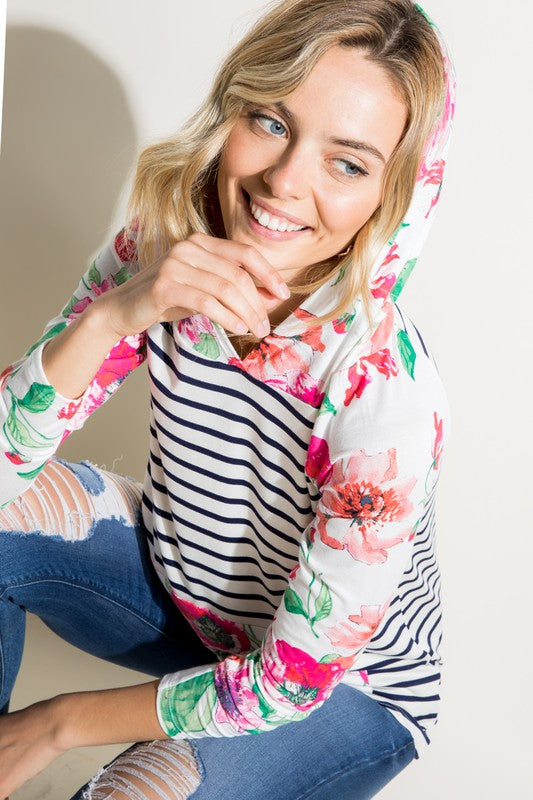 Women's Casual Stripe Floral Mixed Sweatshirt