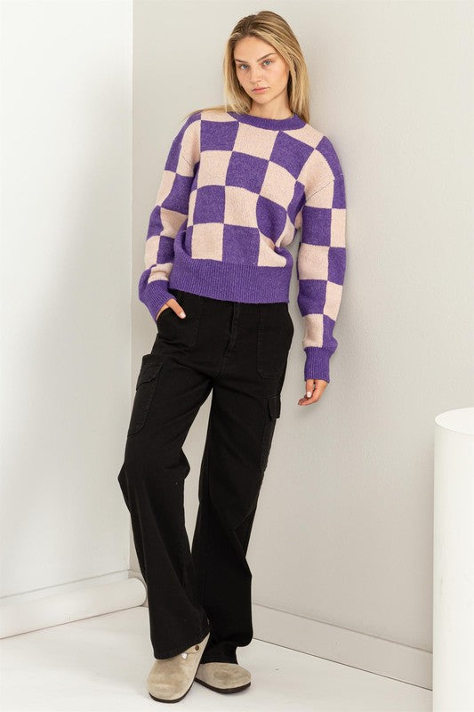 Women's Relaxed Fit Checkered Long Sleeve Sweater