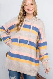 Women's Oversized Multi Stripe Pullover Hoodie Sweater