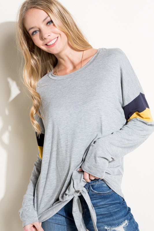 Women's Casual Color Block Front Tie Long Sleeve Top