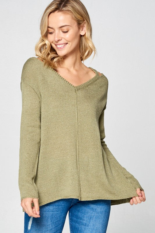 Women's Casual Loose Fit V Neck Cold Shoulder Sweater