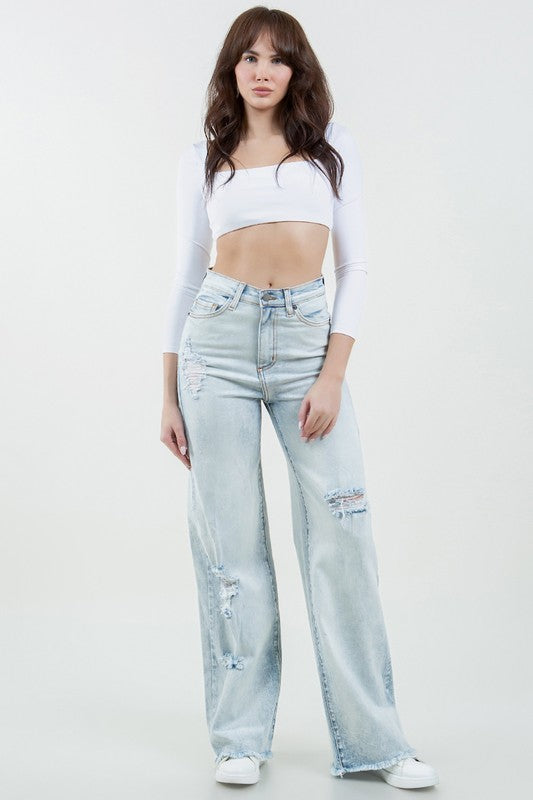 Women's High Rise Stone Wash Wide Leg Jeans