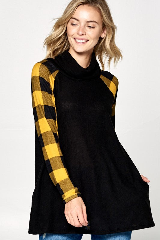 Women's Loose Fit Plaid Mixed Turtle Neck Tunic Top