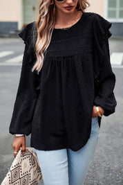 Women's Ruffle Shoulder Eyelet Long Sleeve Blouse