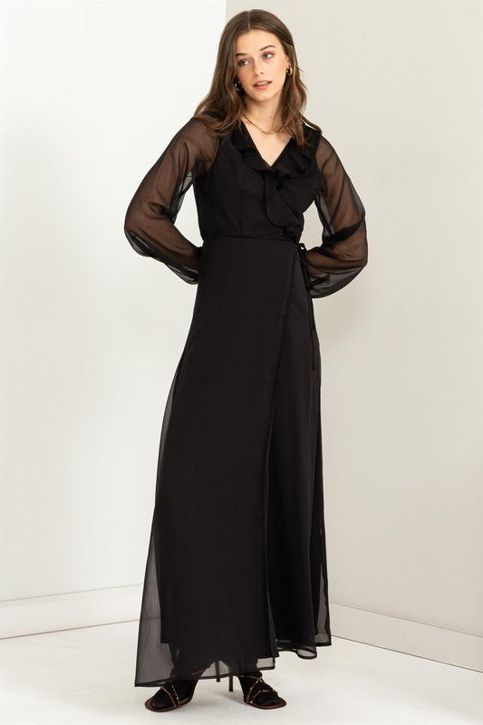 Women's Casual Ruffle Tie Waist Maxi Wrap Dress