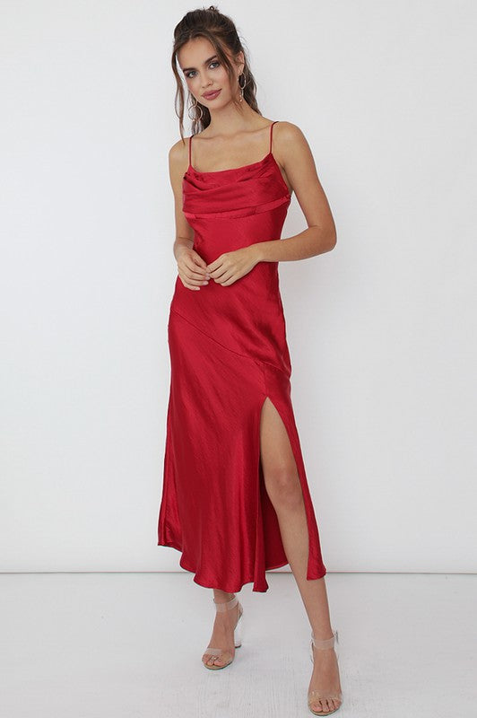 Women's Fitted Satin Side Slit Midi Dress