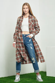 Women's Belted Plaid Print Long Shirt Dress