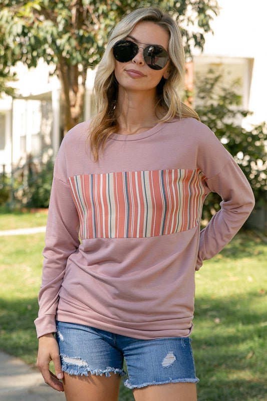 Women's Casual Solid and Woven Stripe Mixed Top