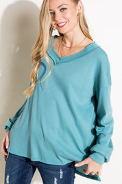 Women's Solid Waffle V Neck High Low Boxy Top