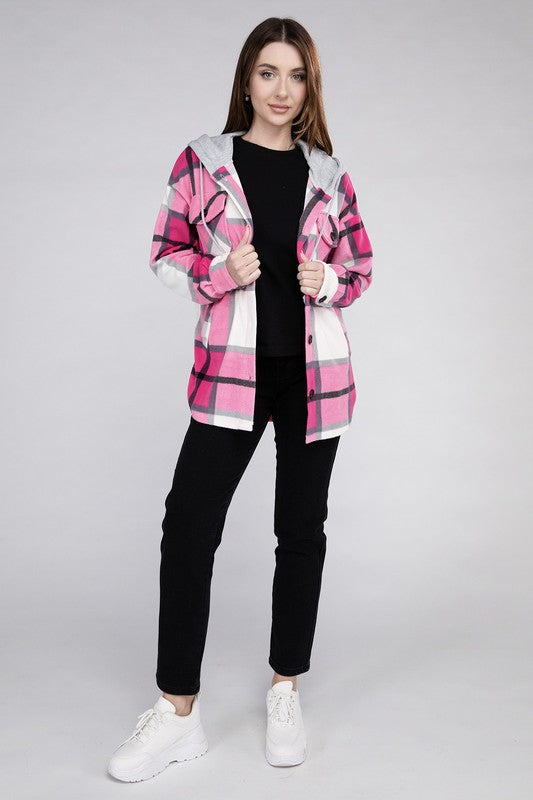 Women's Casual Hooded Plaid Fleece Shacket