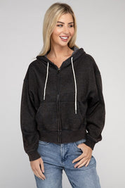 Women's Relaxed Fit Acid Wash Fleece Cropped Zip-Up Hoodie