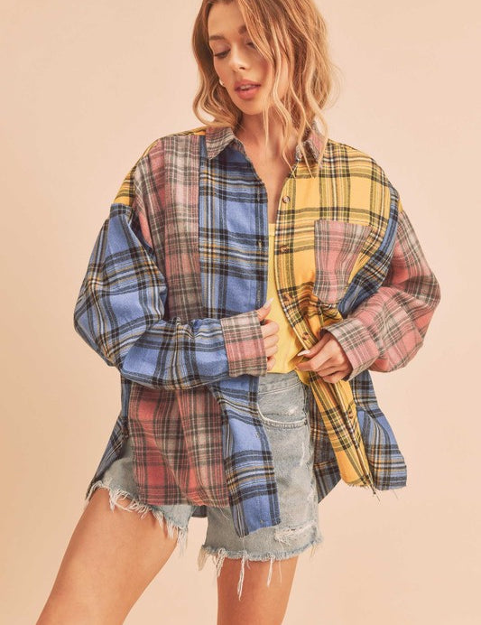 Women's Oversized Flannel Shirt with Patchwork Design