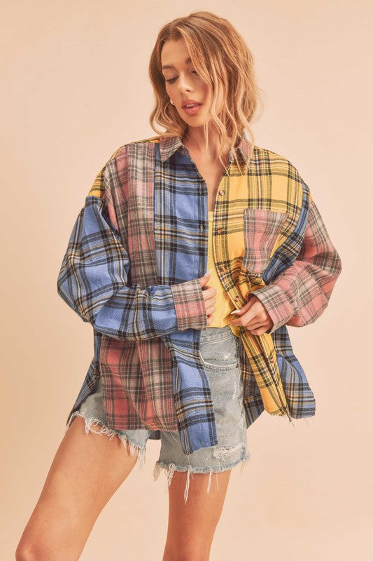 Women's Oversized Flannel Shirt with Patchwork Design