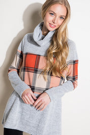 Women's Casual Loose Fit Plaid Mixed Turtle Neck Top