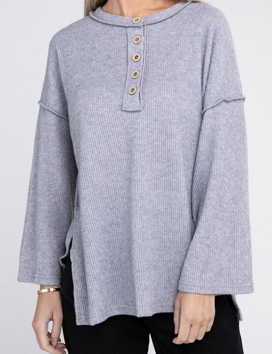 Ribbed Brushed Melange Hacci Henley Sweater