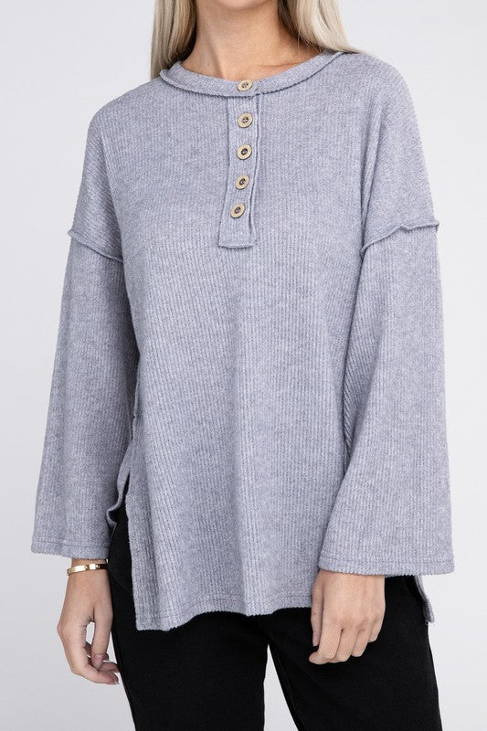 Women's Casual Ribbed Henley Sweater with Bell Sleeves