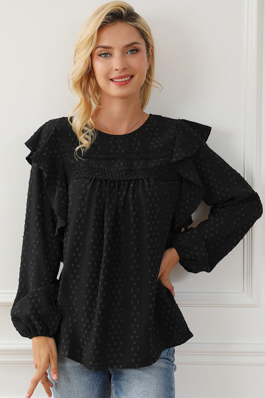 Women's Ruffle Shoulder Eyelet Long Sleeve Blouse