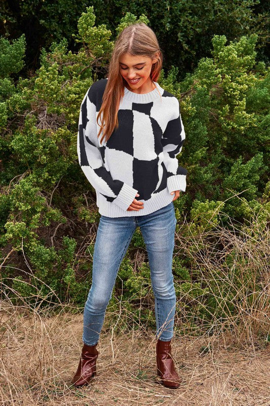 Women's Oversized Geo Checker Knit Sweater Top