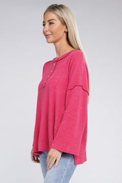 Women's Casual Ribbed Henley Sweater with Bell Sleeves