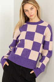 Women's Relaxed Fit Checkered Long Sleeve Sweater