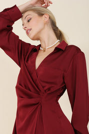 Women's Satin Collared Wrap Mini Dress in Wine and Sage