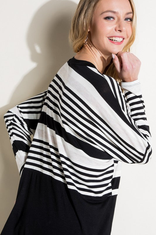 Women's Loose Fit Stripe and Solid Long Sleeve Top