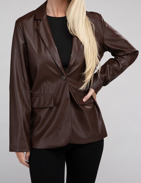 Sleek Pu Leather Blazer with Front Closure