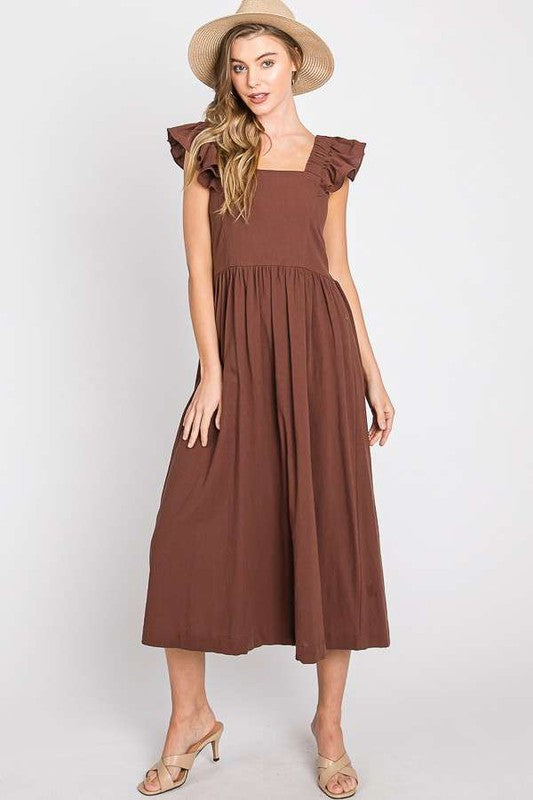 Women's Ruffle Sleeve Midi Dress with Cut Out Back