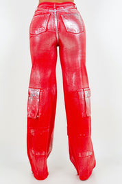 Women's High Rise Cargo Wide Leg Jeans in Foil Red