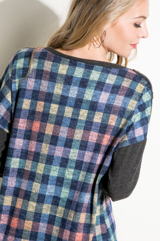 Women's Loose Fit Plaid Mixed Long Sleeve Top