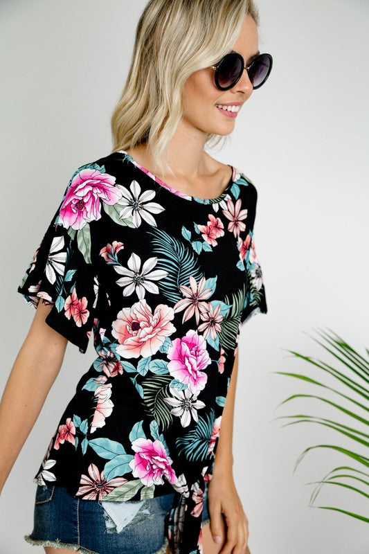 Women's Floral Ruffle Sleeve Tie Bottom Top