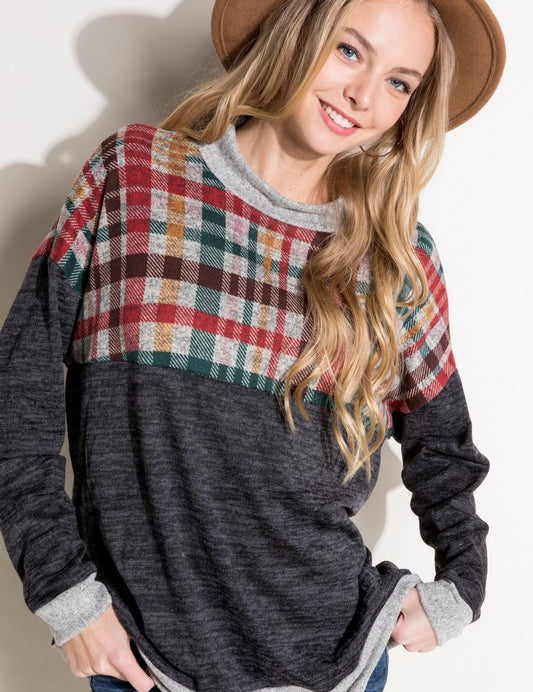 Women's Casual Loose Fit Mock Neck Plaid Top