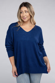 Women's Plus Oversized V-Neck Garment Dyed Sweater