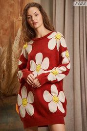 Women's Happy Face Floral Print Knit Sweater Dress