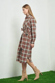 Women's Belted Plaid Print Long Shirt Dress