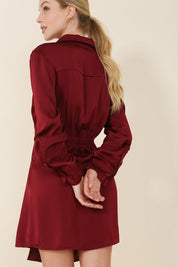 Women's Satin Collared Wrap Mini Dress in Wine and Sage