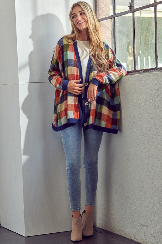 Women's Oversized Plaid Buttondown Cardigan