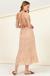 Women's Boho Gingham Print Maxi Dress with Tie Back