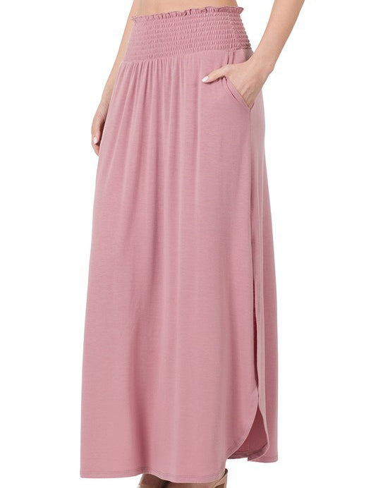 Women's Casual Smocked Waist Maxi Skirt with Pockets