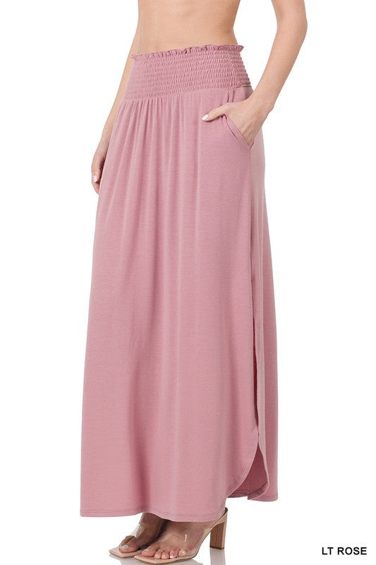 Women's Casual Smocked Waist Maxi Skirt with Pockets