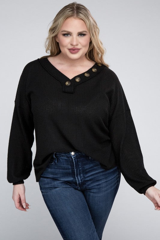 Plus Size Oversized Waffle Knit V-Neck Button Sweater