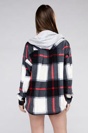 Women's Casual Hooded Plaid Fleece Shacket