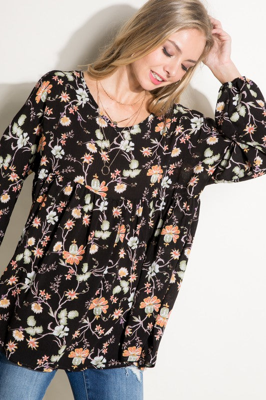 Women's Casual Floral V-Neck Loose Fit Baby Doll Top