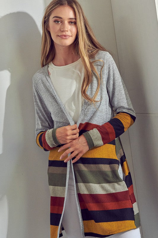 Women's Open Front Brushed Stripe Cardigan with Pockets