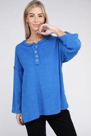 Women's Casual Ribbed Henley Sweater with Bell Sleeves